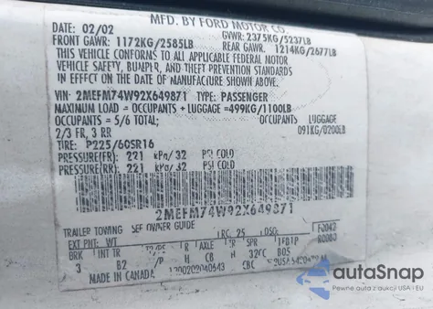 2002 Mercury Grand Marquis Gs из США, поврежденный, VIN 2MEFM74W92X649871